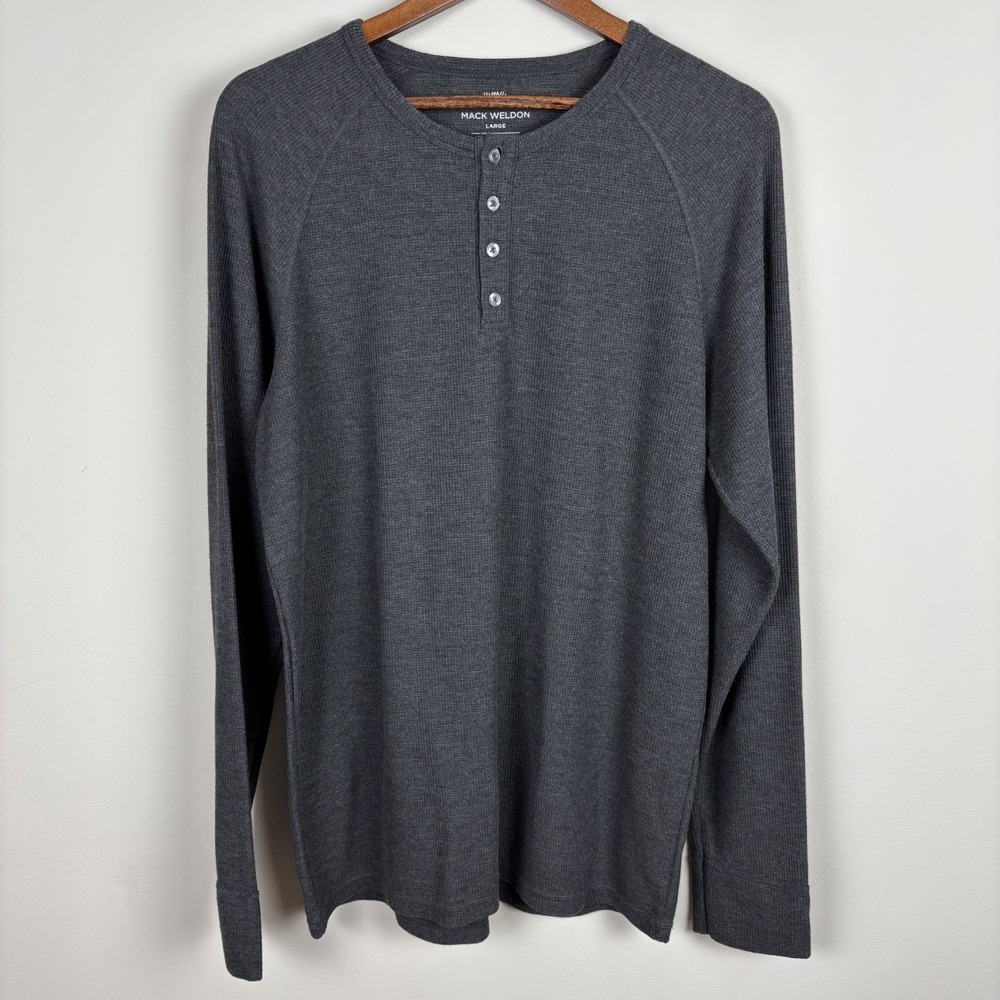 Mack Weldon Thermal Henley Shirt Men Large Gray Long Sleeve Waffle Layer Classic